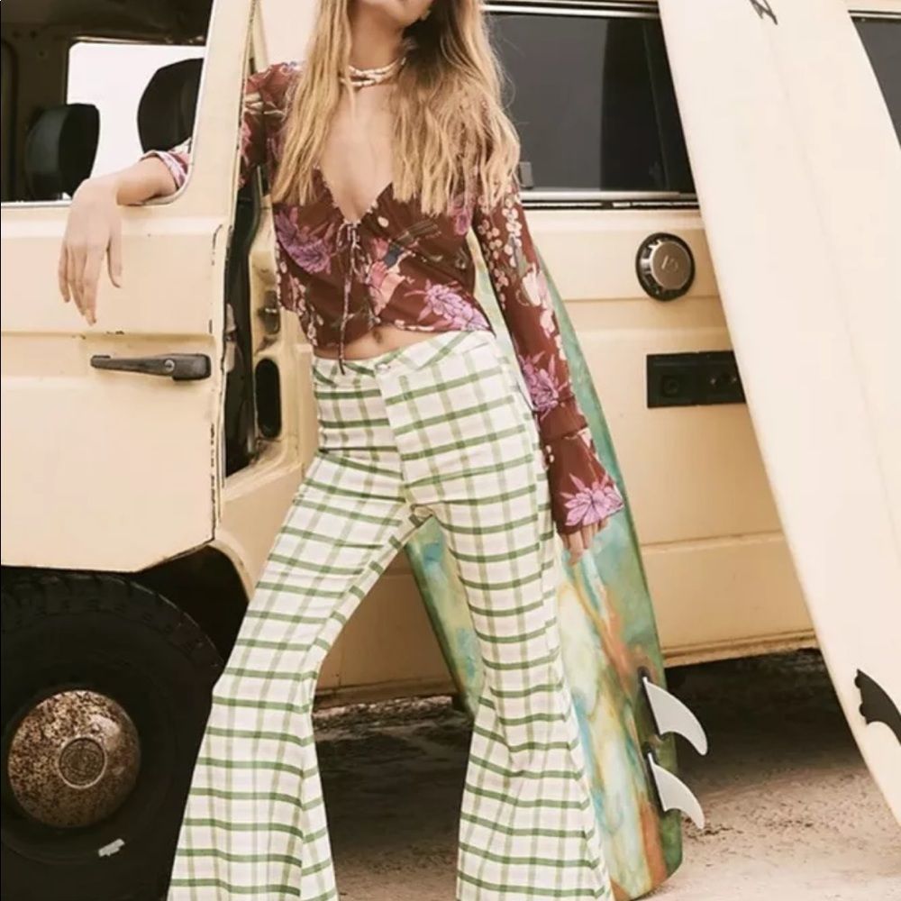 Free People Just Float On Flare Jean Extreme Gingham Mint Green Fray Hem - Picture 3 of 5